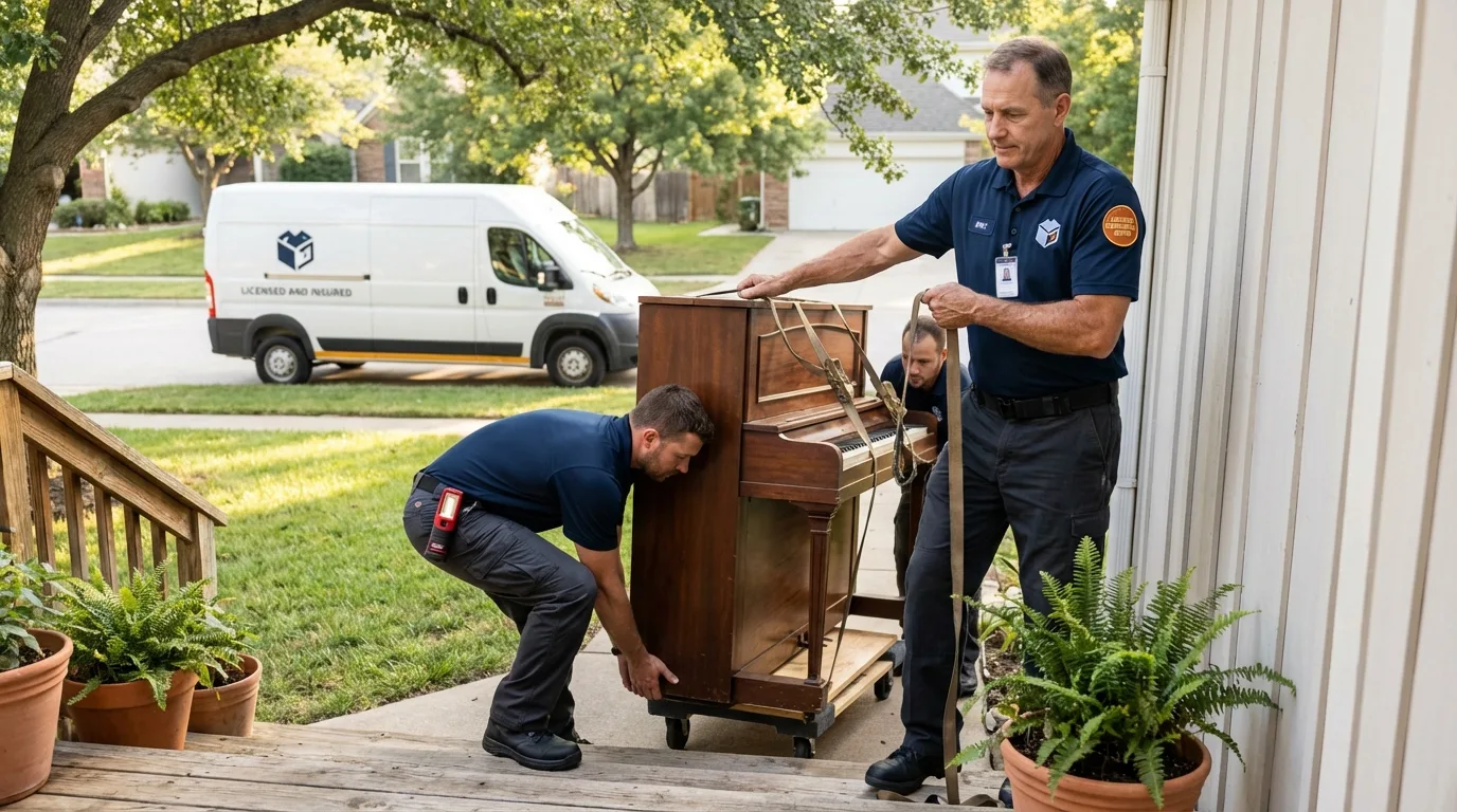 Licensed piano movers securing grand piano in Manchester, PA