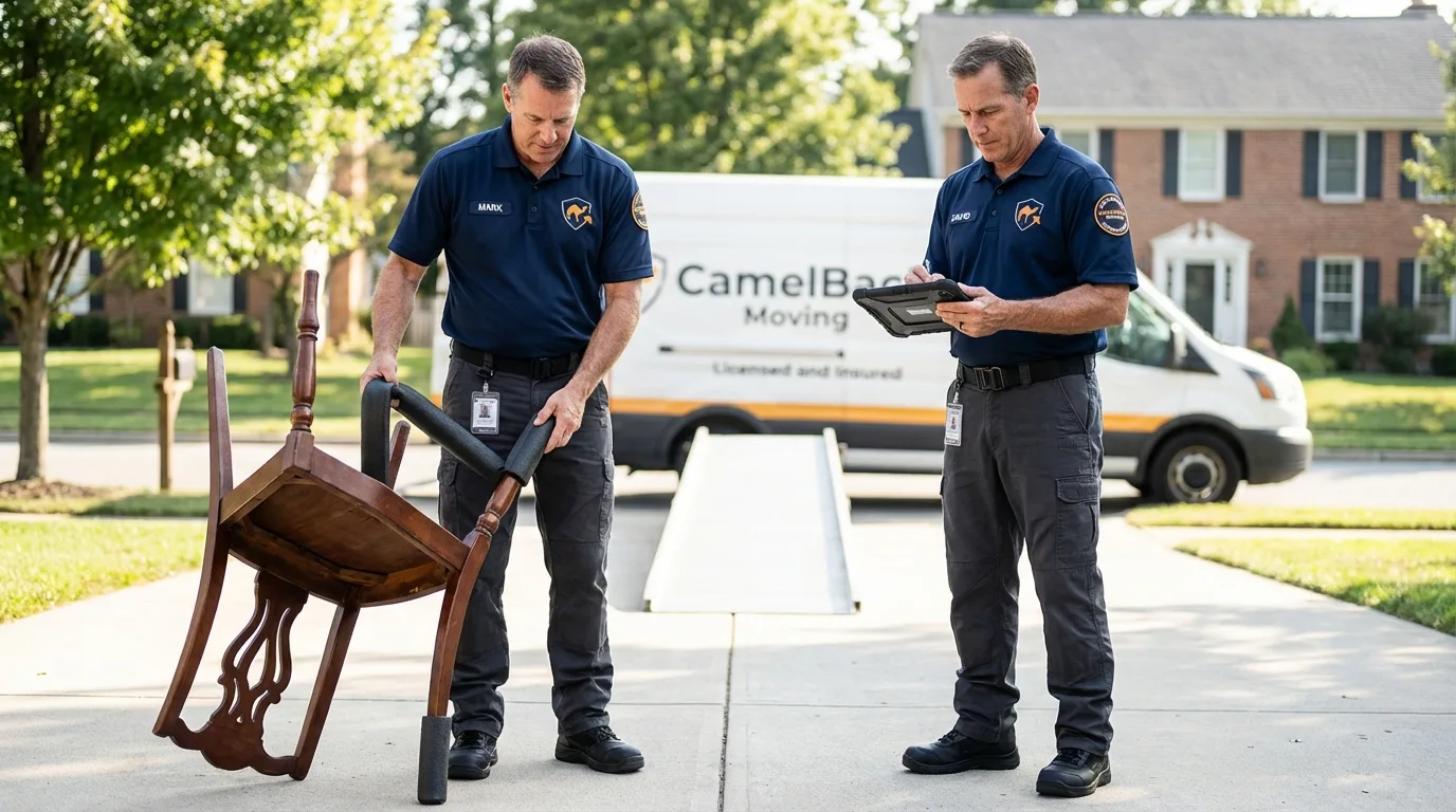 Movers inspecting furniture for damage prevention before loading in Manchester, PA