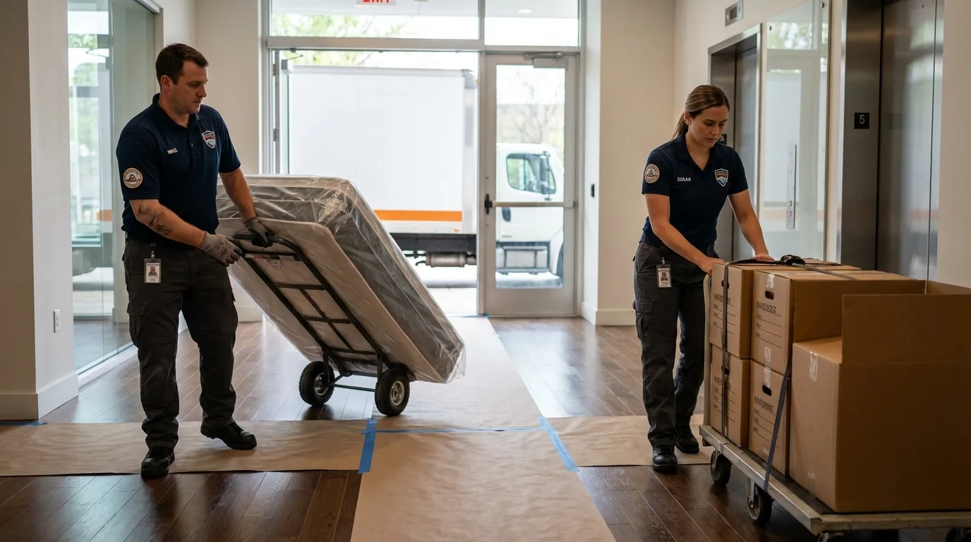 Professional apartment movers loading elevator in Manchester, PA