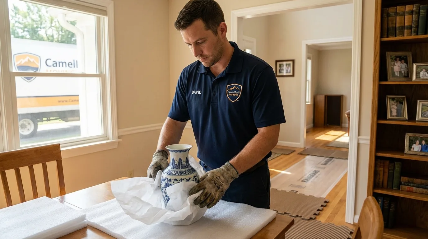 Professional crew carefully wrapping antique vase for senior downsizing move in Manchester, PA